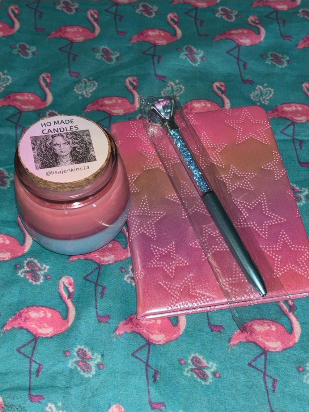Handmade Pink Layered Candle with Glitter Gem Pen Set